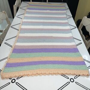 Handmade Crochet Baby Blanket Afghan Green Peach Purple Pnk Blue White 51" x 46"